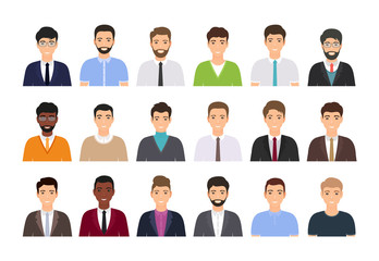 Avatar business people. Set men faces. Office person icon. Vector. Corporate characters in flat design. Team male workers isolated. Collection portrait businessmen. Cartoon illustration.