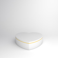 Happy Valentines Day, white gold podium display heart shape background. Greeting card, flat lay, banner, mock up, template, layout, copy space text area. 3D rendering illustration.