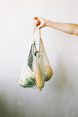 hand holding eco bag with fresh vegetables on white background