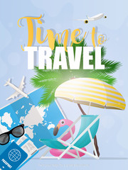 Fototapeta na wymiar Time to travel. The banner is blue. World map, sun glasses, airplane thumbnail, beach deck chair and umbrella. An inflatable circle in the form of a pink flamingo. 