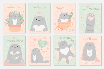 Set cards with cats cute characters romantic valentine cats. Posters in pastel color with lettering