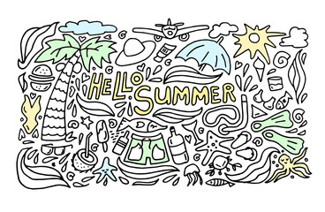 Summer black hand drawn thin line postcard isolated on white background. Seasonal greeting with words Hello Summer.