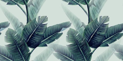 Nahtloses Blumenmuster mit tropischen Blättern auf hellem Hintergrund. Vorlagendesign für Textilien, Interieur, Kleidung, Tapeten. Aquarellillustration