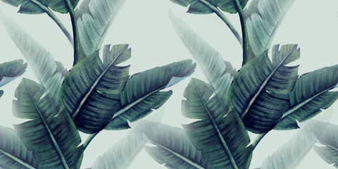 Gardinen Nahtloses Blumenmuster mit tropischen Blättern auf hellem Hintergrund. Vorlagendesign für Textilien, Interieur, Kleidung, Tapeten. Aquarellillustration © ola-la