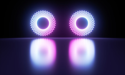 Blue and purple luminous fluorescent neon lights. Pure reflective dark metal surface. Sci Fi futuristic stage empty background. 3d rendering - illustration.