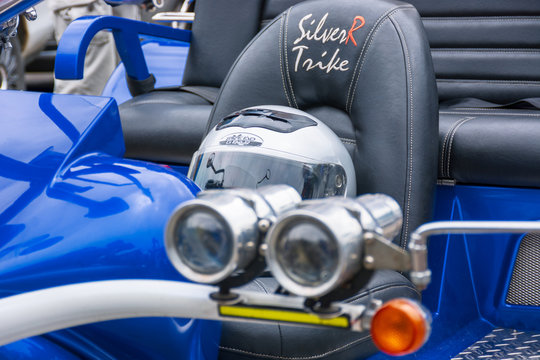 Uzhgorod, Ukraine - JUL 09, 2016: silverR trike detail shots. beautiful custom three wheel motorcycle in blue color