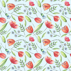 Seamless pattern with the image of stylized wildflowers and green leaves on a blue background. Watercolor hand drawn illustrations. Design for textile, fabric, clothing, postcards, packaging.