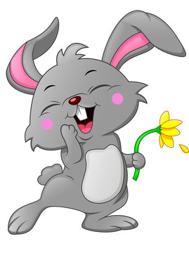 Cartoon happy rabbit holding flower
