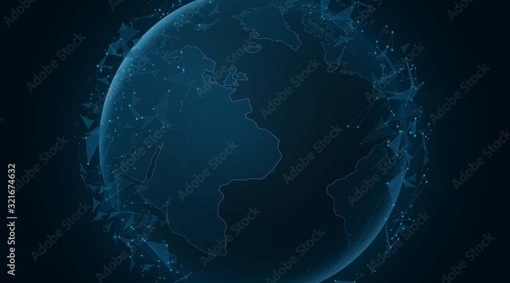 Poster futuristic global world. abstract planet earth with glowing plexus triangles. background for your sc