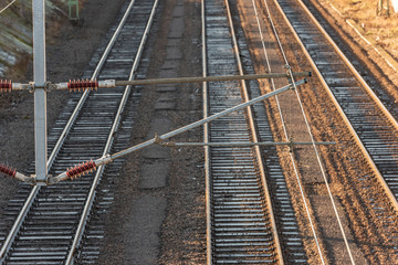 Overhead lines and railway tracks.