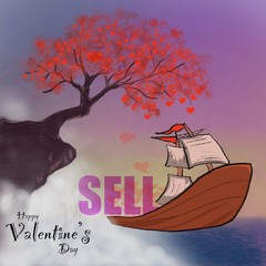 Valentine's day background with a boat  and a tree made out of hearts