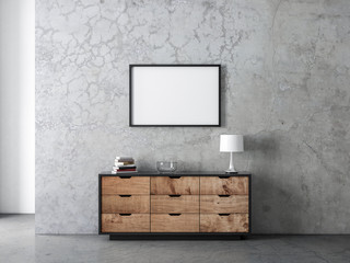 Horizontal black poster Frame Mockup hanging on the wall in modern living room above commode