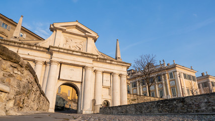 Obraz premium Bergamo, Italy. The old town. Landscape at the ancient gate Porta San Giacomo. Bergamo one of the beautiful city in Italy