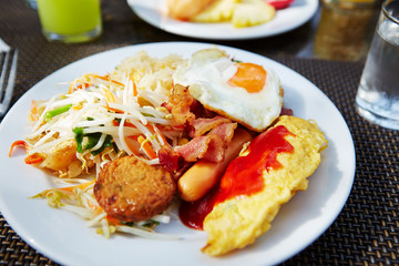 Hotel breakfast buffet on plate 