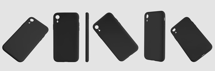 Set of black cases on a smartphone isolated on a white background. Mockup of plastic covers on a cell for advertising in an online store.