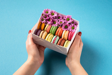 Woman holding in hands gift box with colorful french macaroons with flowers on bright blue background. Valentines Day (14 February), Mother's day, Birthday or Woman's day (8 March) concept. Copy space