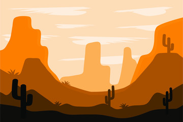Flat desert landscapes with cacti and mountains in sand color. Suitable for poster, banner, flyer, postcard.