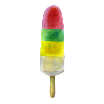 Watercolor illustration, ice cream. Ice cream on a stick, fruit ice, red, green, yellow and white. Summer image.
