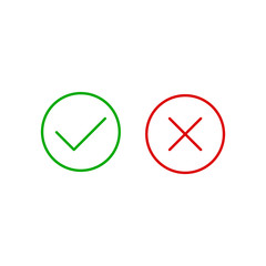 Checkmark icons set. Tick and cross sign. Green check mark and red X cross icon isolated on white background. Simple marks graphic flat design. Circle shape YES and NO button. Vector illustration. eps