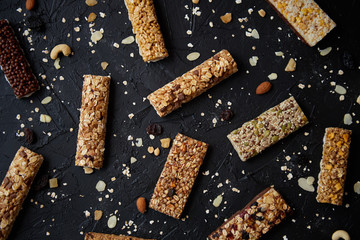 Mixed gluten free granola cereal energy bars. With dried fruits and nuts