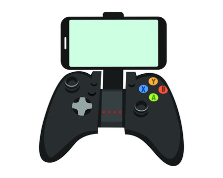 video game controller with smartphone isolated on white background