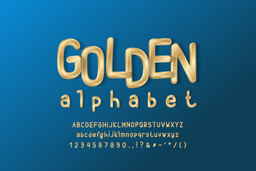 Elegant golden alphabet. Uppercase and lowercase letters, numbers. Thin condensed vector font, gold color gradient. Navy blue gradient background