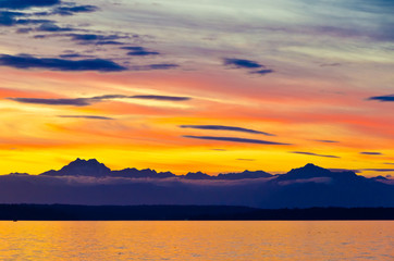 Pacific ocean at sunset on mountain in Seattle, WA.