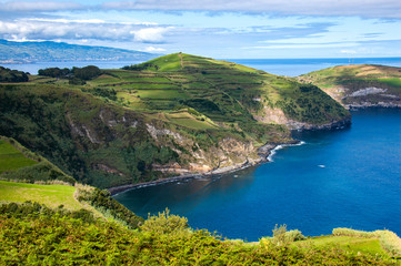 Naklejka premium Beautiful coastal view from Miradouro de Santa Iria, Porto Formoso, Ribeira Grande, Sao Miguel, Azores, Portugal