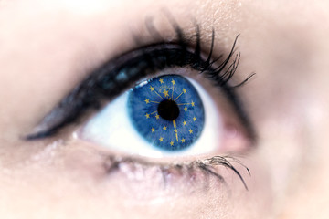 Flag of Indiana state of the United States of America reflects in a woman blue eye - election, sport, hope, young, generation, american football, basket, emotion