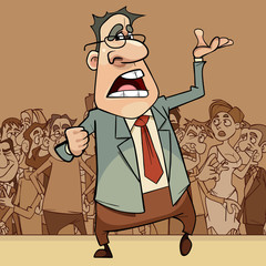 cartoon man in a suit and glasses emotionally broadcasts in front of a crowd of people