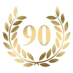 Ninetieth birthday gold laurel wreath vector isolated on a white background 