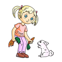 Happy smiling little girl feeding rabbit with carrot on white. Schoolgirl visiting petting zoo. Cheerful child playing with bunny. Farm animals. Excursion to natural park. Vector illustration.
