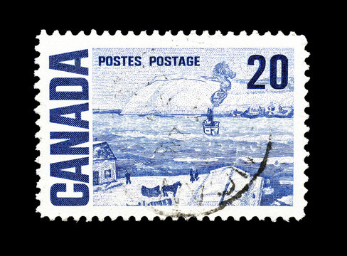 Cancelled postage stamp printed by Canada, that shows The Ferry, Quebec, circa 1969.