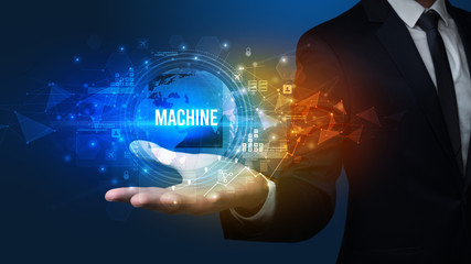 Elegant hand holding MACHINE inscription, digital technology concept