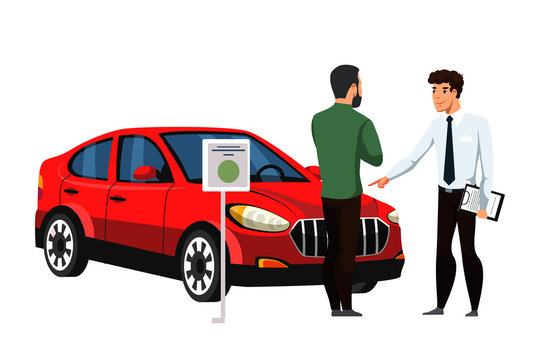 Seller talking with customer about car in showroom