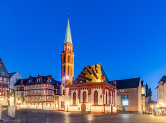 Old traditional buildings in Frankfurt at the area called Roemer in a summernight