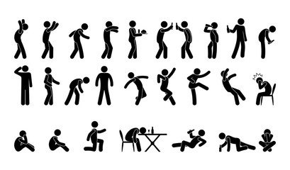 Fototapeta na wymiar people in various poses, stick figure man icon, isolated silhouettes, drunk man, alcoholic illustration