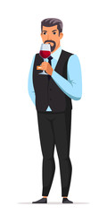 Man sommelier tasting red wine standing on white
