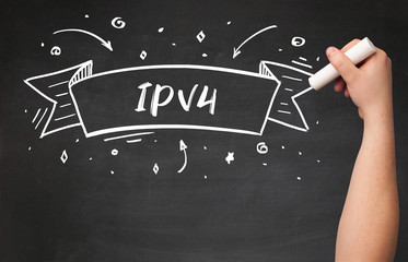 Hand drawing IPV4 abbreviation with white chalk on blackboard