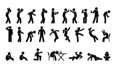 people in various poses, stick figure man icon, isolated silhouettes, drunk man, alcoholic illustration