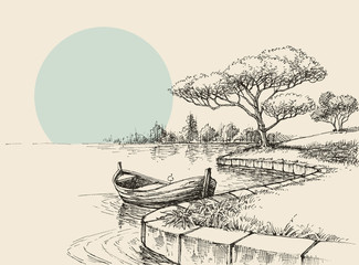 Empty boat on shore in the park, relaxation in nature sketch - 321681007