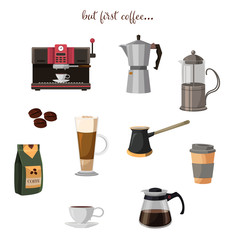 Hot coffee preparation in different way flat set