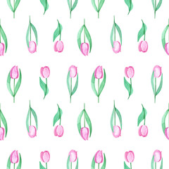 Seamless pattern pink tulips watercolor. Pink flowers, spring flowers. Tulips background, pink flowers print. Women's day, March 8