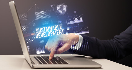 Businessman working on laptop with SUSTAINABLE DEVELOPMENT inscription, new business concept