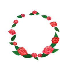 Pink and red roses with leaves in round wreath on white isolated background.