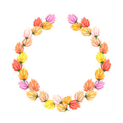 Pink, yellow, orange and red spring flowers in wreath on white isolated background.