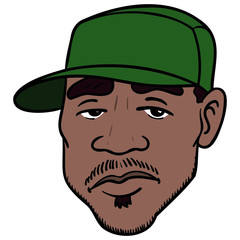 comic drawing of a dark-skinned man with a three-day beard and green cap who looks casual and cool. avatar, head, illustration, brown skin.