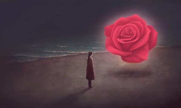 Surreal scene young woman and giant red rose with the sea, painting artwork, love concept