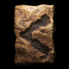 Rocky symbol left angle bracket. Font of stone isolated on black background. 3d