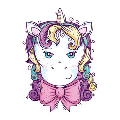 head of cute unicorn fantasy with stars decoration vector illustration design